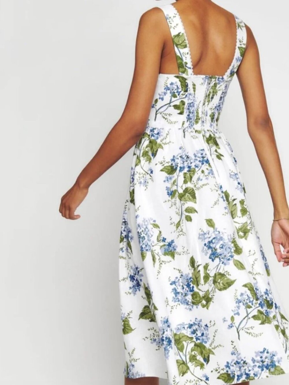 Reformation White Floral Midi Dress with Blue and Green Print - Picture 2 of 3